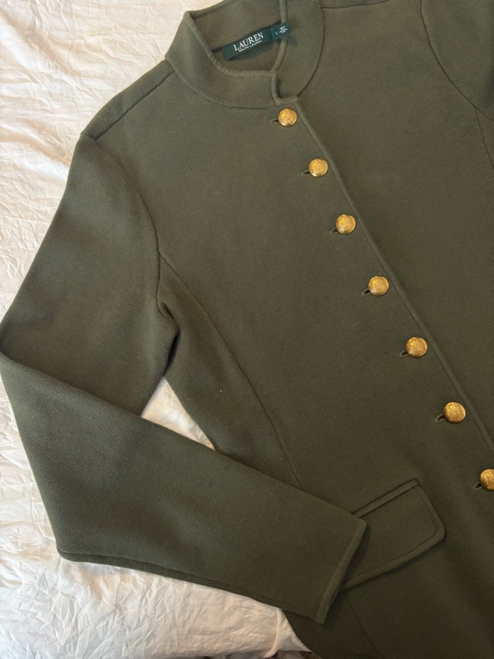 Lauren Ralph Lauren Olive Knit Sweater with Gold Buttons Size Large